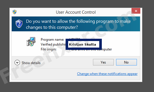 Screenshot where Kristjan Skutta appears as the verified publisher in the UAC dialog